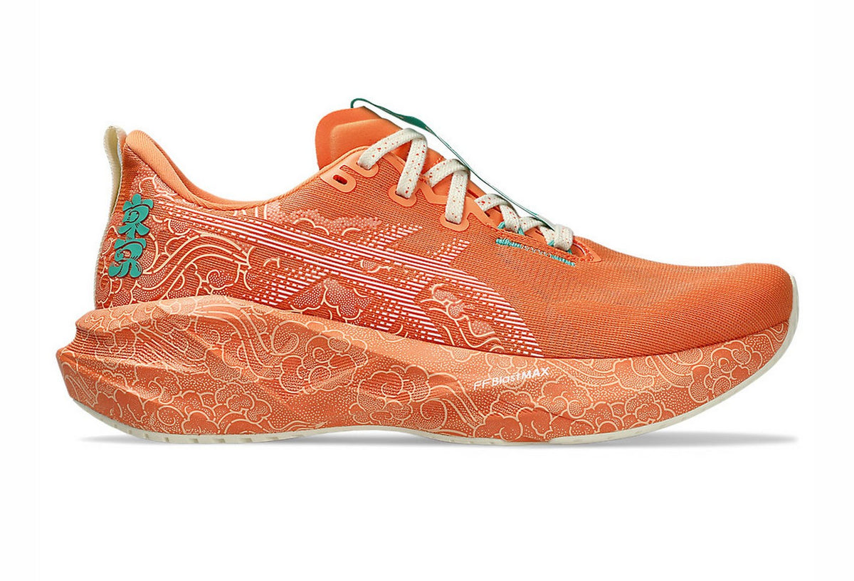 Women's Asics Novablast 5, Sun Peach/White, 9.5 D Wide