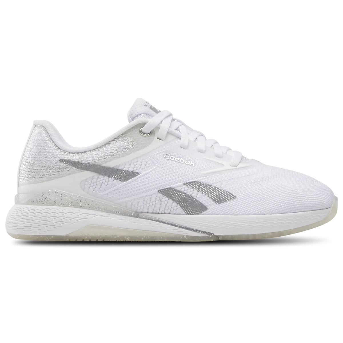 Women's Reebok Nano X5, Ftwr White/Barely Grey/Silver Metallic, 10 B Medium