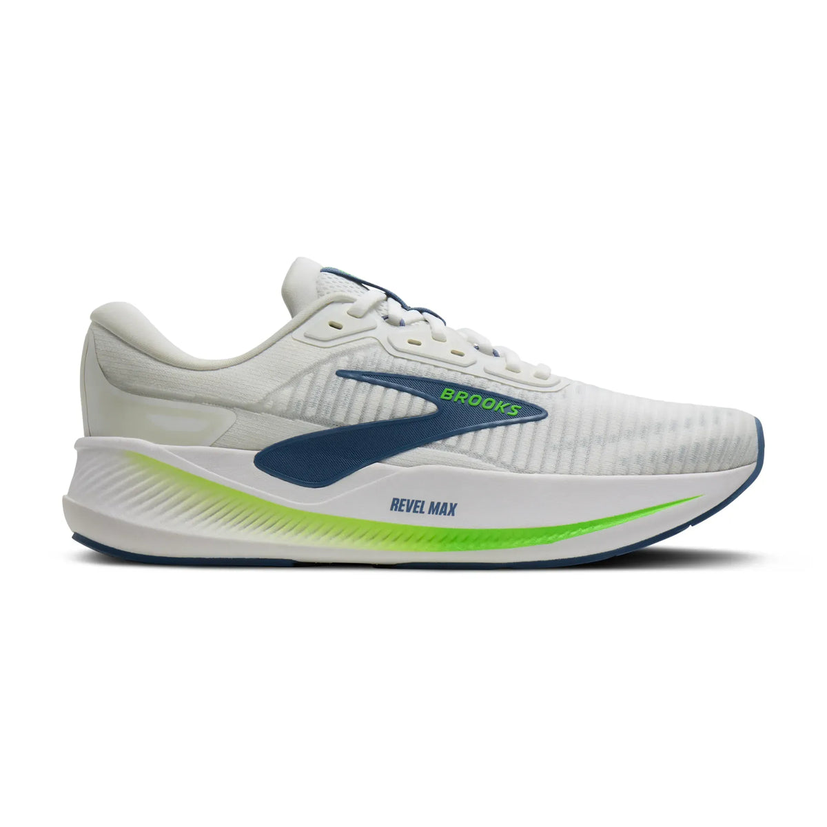 Men's Brooks Revel Max, White/Moonlight/Green Gecko, 10.5 D Medium