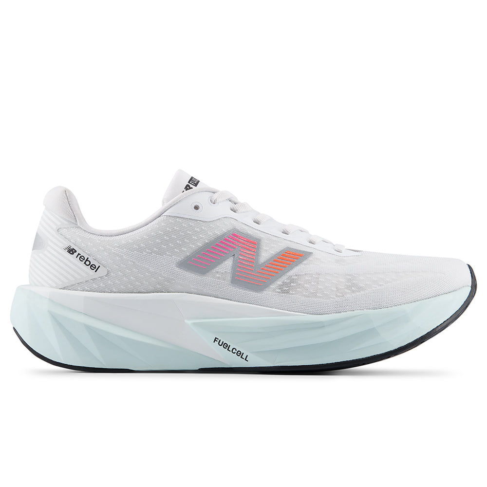 Men's New Balance FuelCell Rebel v5, White/Pink Heat/Glint Blue, 8.5 D Medium