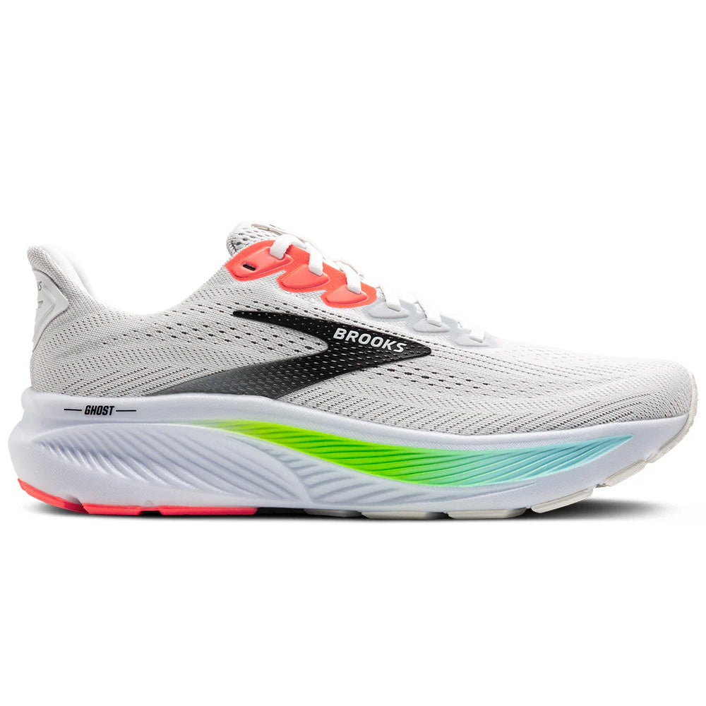 Men's Brooks Ghost 17, White/Pink Clay/Gecko, 12.5 D Medium