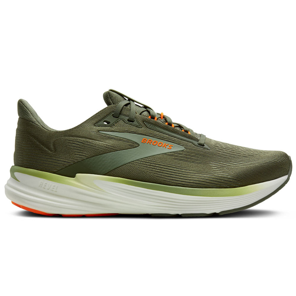Men's Brooks Revel 8, Olive/Tea/Orange, 9 D Medium
