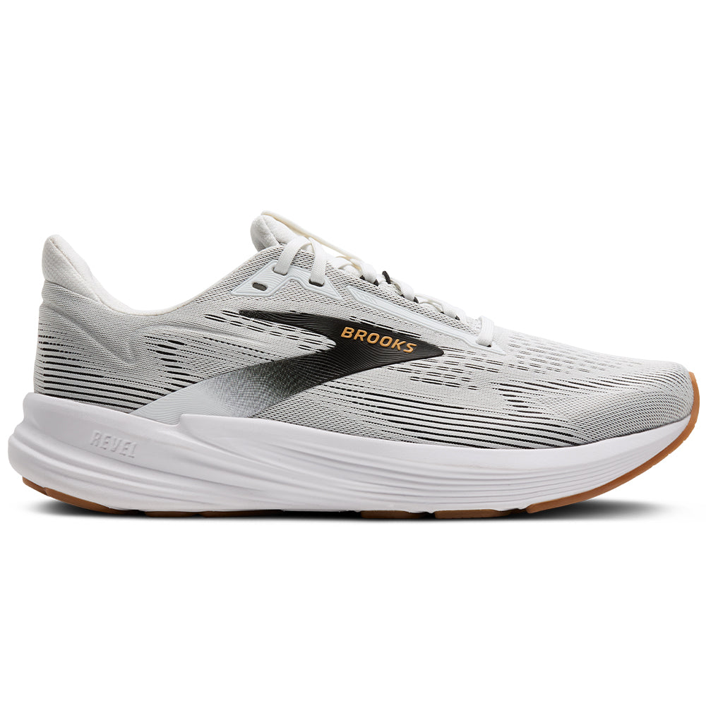 Men's Brooks Revel 8, White/Black/Oak Buff, 15 D Medium
