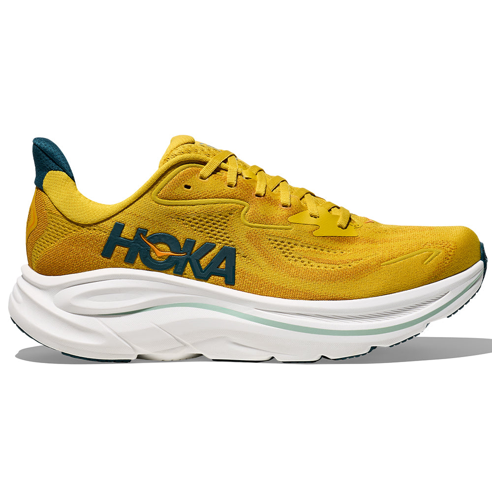Men's Hoka Clifton 10, Yellow Gold/Tidal Wave, 10 2E Wide
