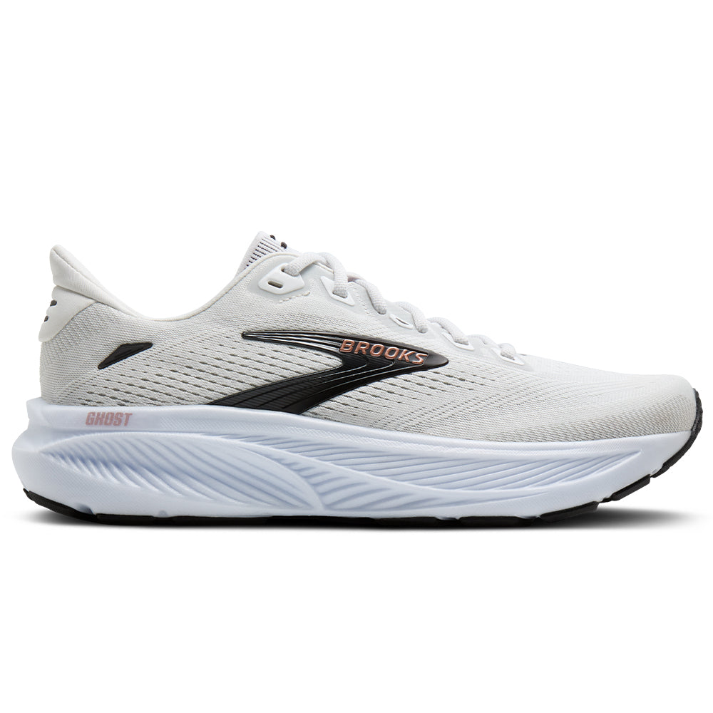 Women's Brooks Ghost 18, White/Black/Rose Gold, 6 2E Extra Wide