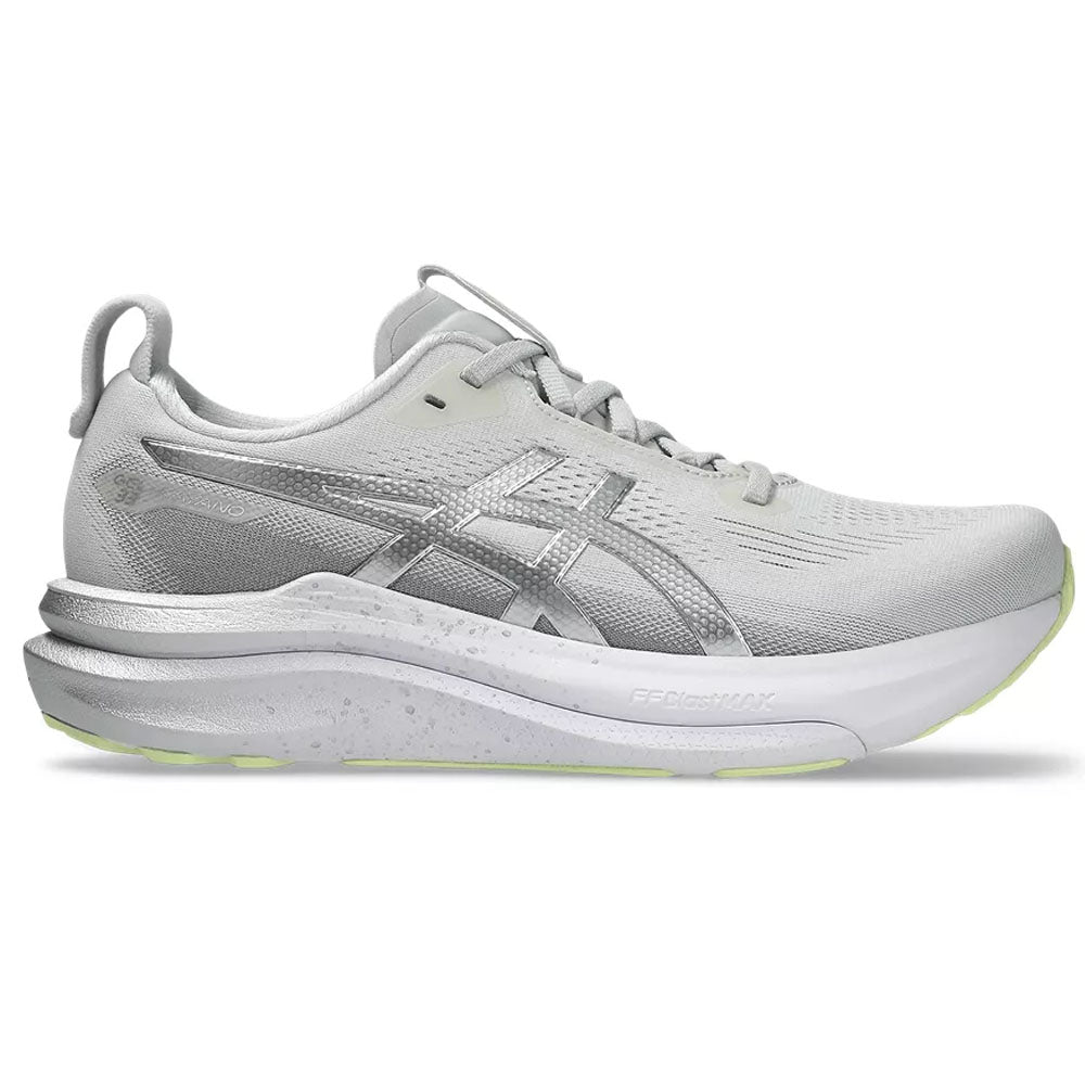 Women's Asics Gel-Kayano 33 Platinum, Platinum/Glow Green, 7 B Medium