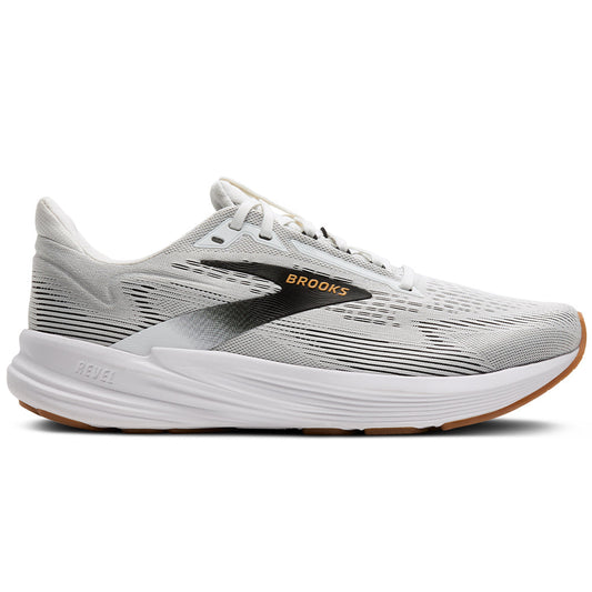 Men's Brooks Revel 8, White/Black/Oak Buff, 8 D Medium