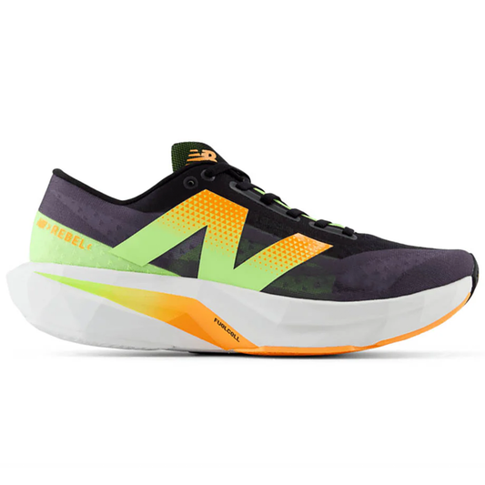 Men's New Balance FuelCell Rebel v4, Black/Graphite/White Peach/Bleached Lime Glo, 12 D Medium