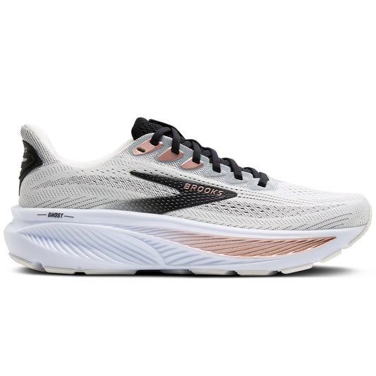 Women's Brooks Ghost 17, White/Black/Rose Gold, 6 D Wide