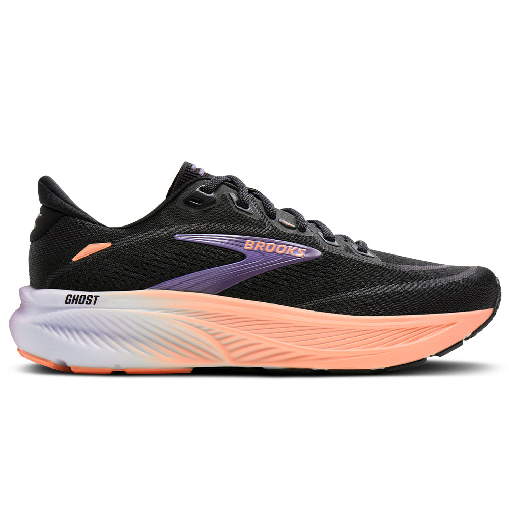 Women's Brooks Ghost 18, Black/Mulled Grape/Peach, 9 B Medium