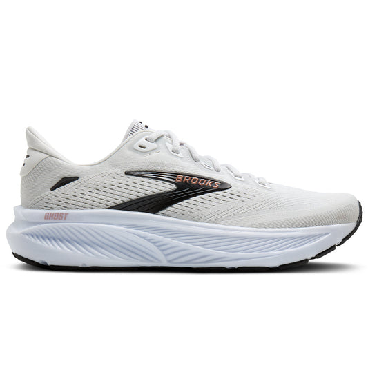 Women's Brooks Ghost 18, White/Black/Rose Gold, 8.5 2E Extra Wide