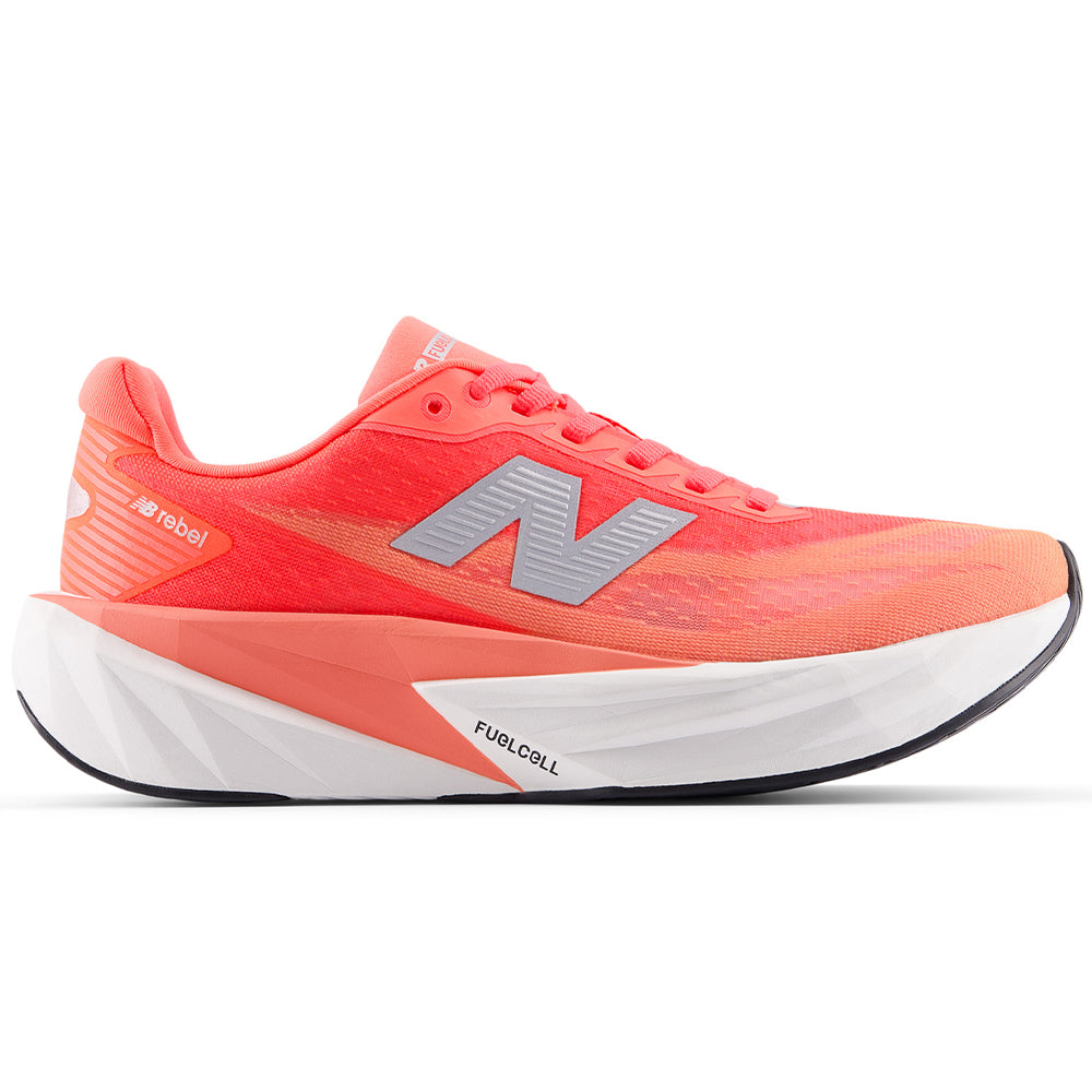Women's New Balance FuelCell Rebel v5, Urgent Red/NB 103 White/Silver Metallic, 8 B Medium