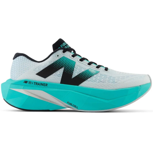 Women's New Balance FuelCell SuperComp Trainer v3, White/Cyber Jade/Silver Metallic/Deep Sea, 9 D Wide