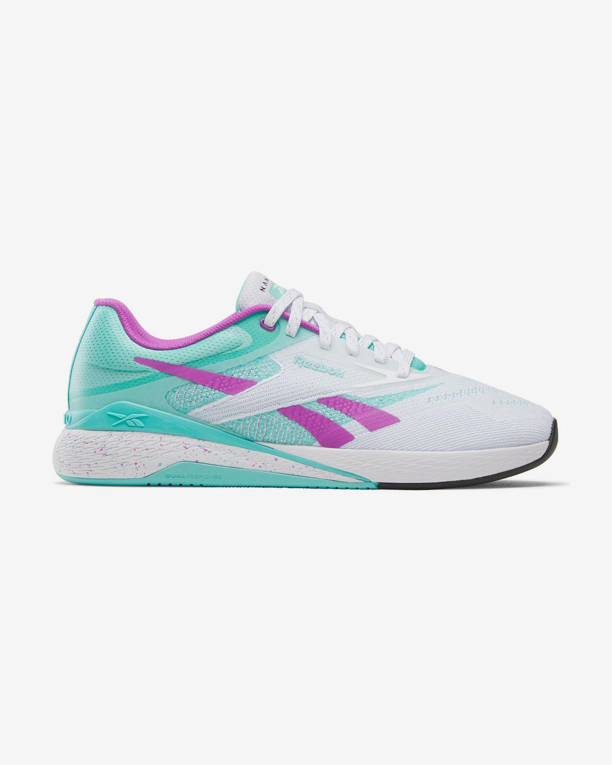 Men's Reebok Nano X5, Ftwr White/AI Aqua/Purple Rave, 7.5 D Medium