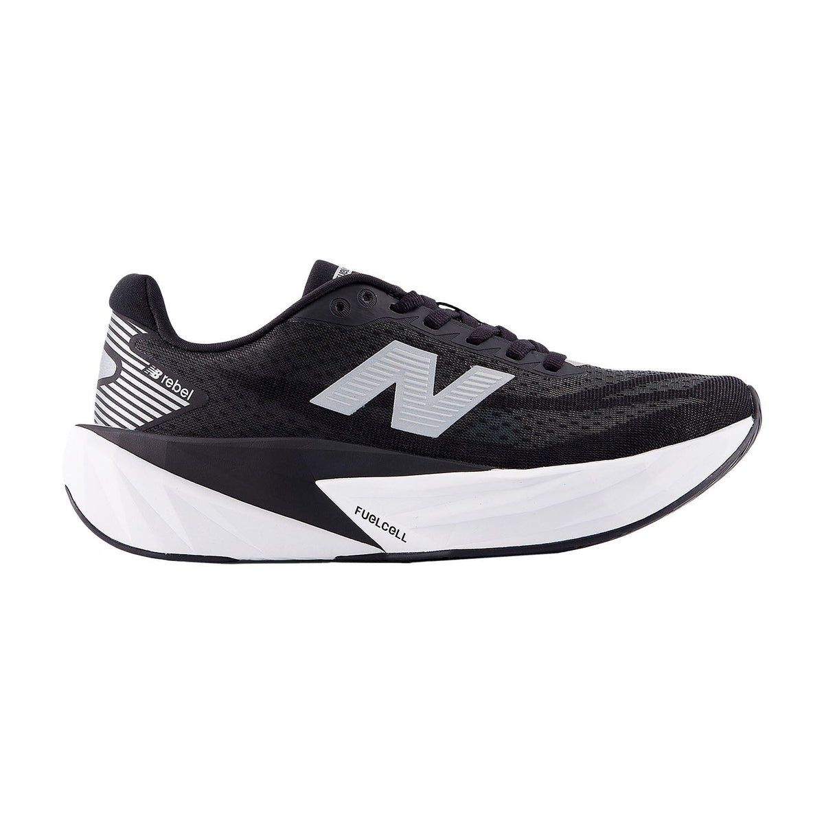 Women's New Balance FuelCell Rebel v5, Black/White/Silver Metallic, 9.5 D Wide